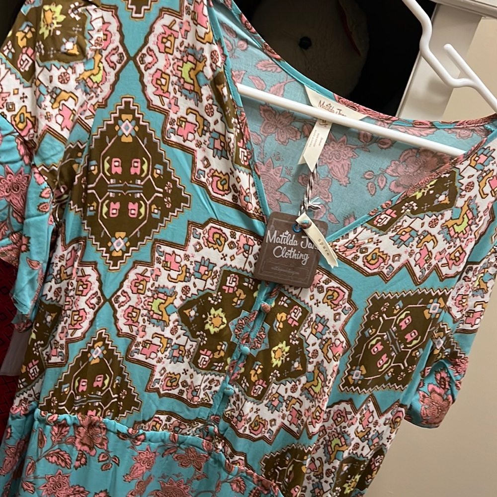 Matilda Jane Geometric Print Midi Dress in Turquoise and Brown